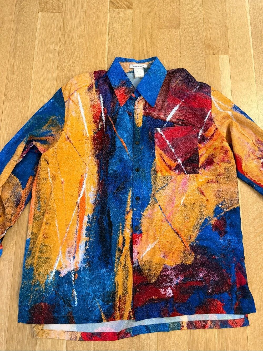Abstract Paint-Splatter Button-Up Shirt in Blue, Yellow, Red - Picture 2 of 6